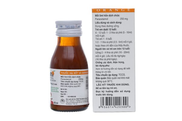 Hỗn dịch uống Sara hương cam 250mg/5ml giảm đau, hạ sốt chai 60ml