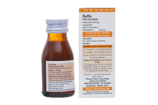 Hỗn dịch uống Sara hương cam 250mg/5ml giảm đau, hạ sốt chai 60ml