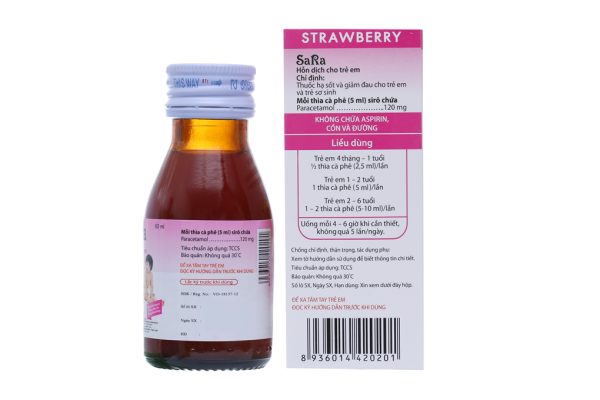 Hỗn dịch uống Sara hương dâu 120mg/5ml giảm đau, hạ sốt cho trẻ em chai 60ml