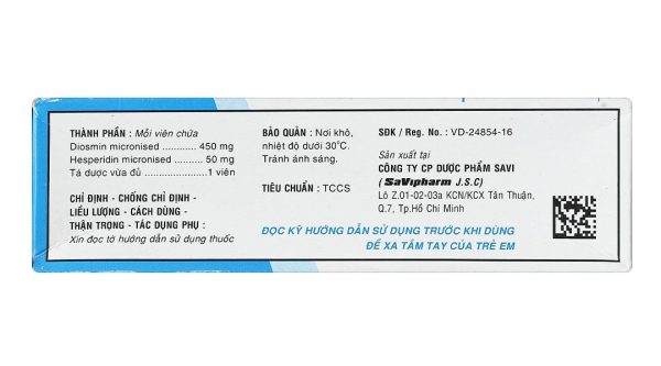 Savi Dimin điều trị triệu chứng suy tĩnh mạch - mạch bạch huyết, trĩ cấp (4 vỉ x 15 viên)