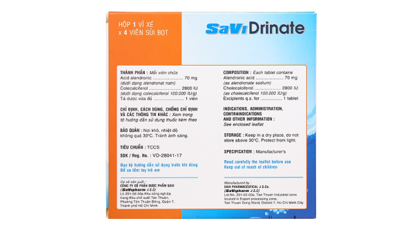 Viên sủi bọt Savi Drinate trị loãng xương (1 vỉ x 4 viên)