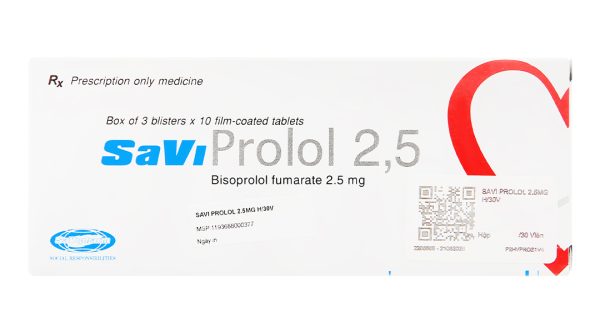 SaviProlol 2.5mg trị tăng huyết áp, đau thắt ngực (3 vỉ x 10 viên)