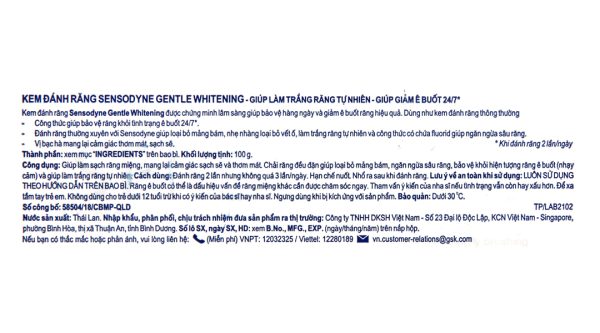 Kem đánh răng Sensodyne Gentle Whitening giúp làm trắng răng tuýp 100g