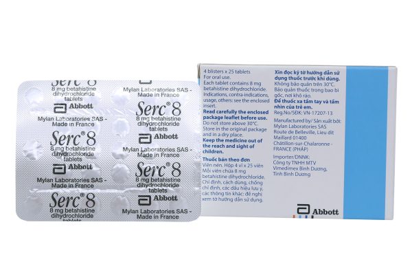 Serc 8mg trị chóng mặt tiền đình (4 vỉ x 25 viên)