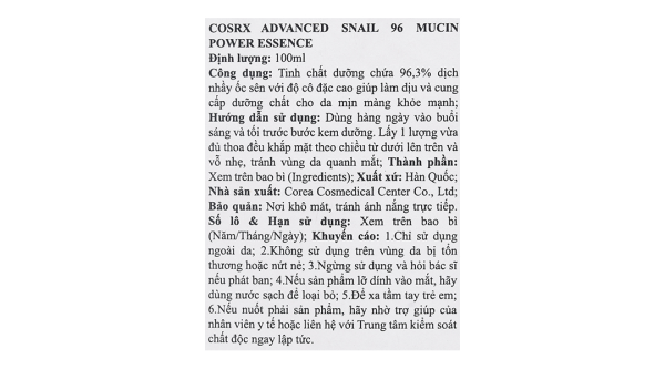 Serum Cosrx Advanced Snail 96 Mucin Power Essence cho da mịn màng chai 100ml