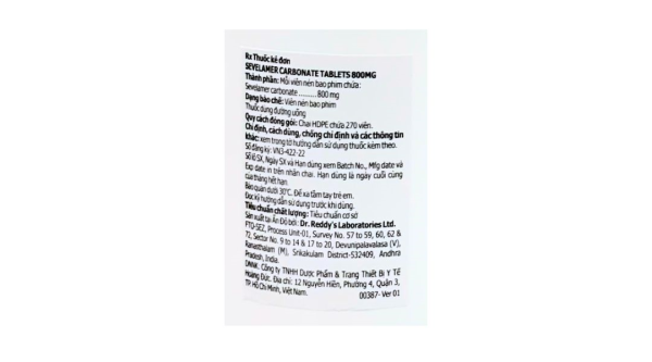 Sevelamer Carbonate Dr.Reddy’s 800mg kiểm soát Phospho ở bệnh nhân chạy thận lọ 270 viên