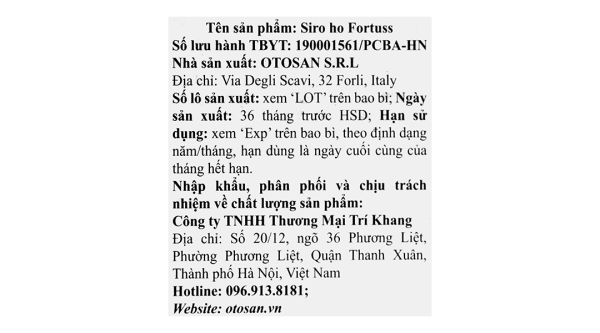 Siro ho ForTuss Otosan làm dịu cổ họng, giảm các triệu chứng ho chai 180g