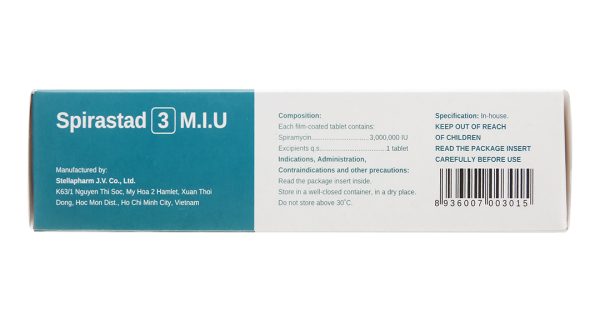 Spirastad 3 M.I.U trị nhiễm khuẩn đường hô hấp, da, và sinh dục (2 vỉ x 5 viên)