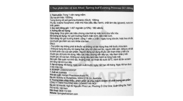 SpringLeaf Evening Primrose Oil 1000mg giúp giảm các triệu chứng mãn kinh lọ 180 viên