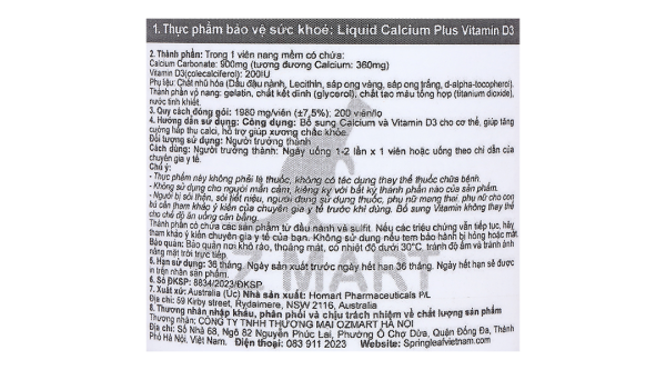 SpringLeaf Liquid Calcium Plus Vitamin D3 bổ sung canxi, vitamin D3 lọ 200 viên