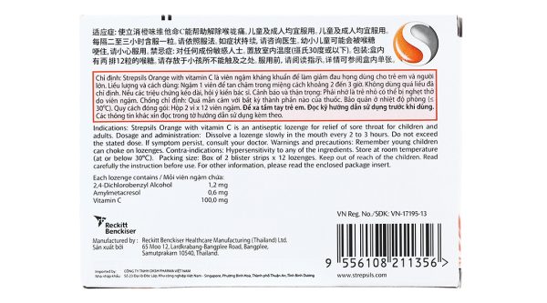 Viên ngậm Strepsils Orange With Vitamin C giảm đau họng (2 vỉ x 12 viên)