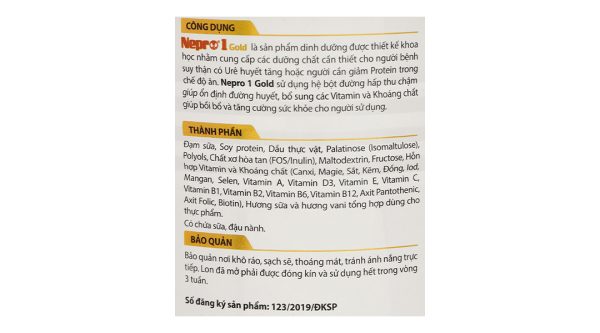 Sữa bột Nepro 1 Gold cho người bệnh thận tăng ure máu, dùng được cho đái tháo đường (400g)