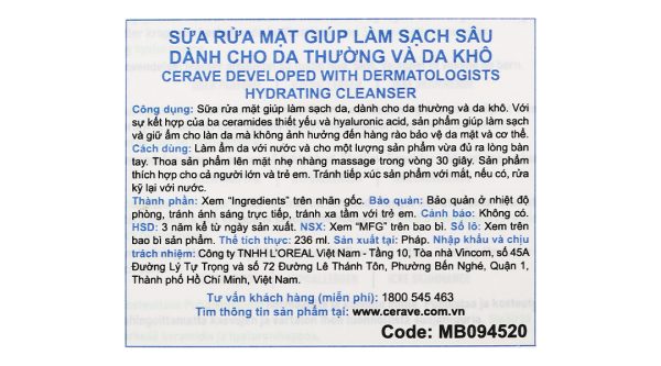 Sữa rửa mặt CeraVe Hydrating Cleanser sạch sâu cho da thường và da khô chai 236ml