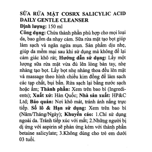 Sữa rửa mặt Cosrx Salicylic Acid Daily Gentle Cleanser ngừa mụn và bã nhờn tuýp 150ml