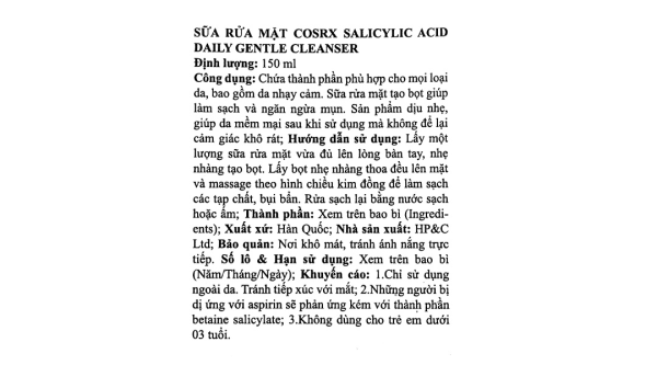 Sữa rửa mặt Cosrx Salicylic Acid Daily Gentle Cleanser ngừa mụn và bã nhờn tuýp 150ml