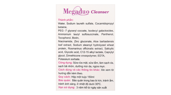 Sữa rửa mặt Megaduo Cleanser làm sạch da giúp da mịn màng, ngừa mụn tuýp 150ml