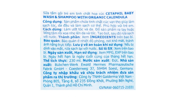 Sữa tắm gội Cetaphil Baby Wash & Shampoo Calendula chăm sóc da cho bé chai 230ml