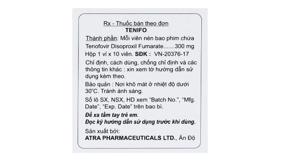 Tenifo trị nhiễm HIV-1, viêm gan B (1 vỉ x 10 viên)