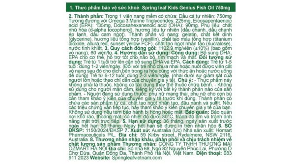 Dầu cá SpringLeaf Kids Genius Fish Oil 750mg bổ sung omega 3 cho bé lọ 60 viên