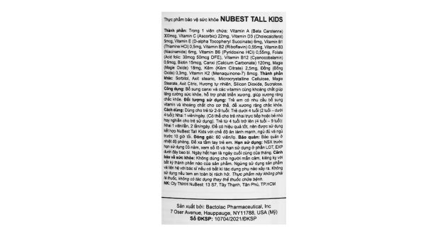 NuBest Tall Kids giúp tăng cường sức khỏe, hỗ trợ phát triển xương lọ 60 viên