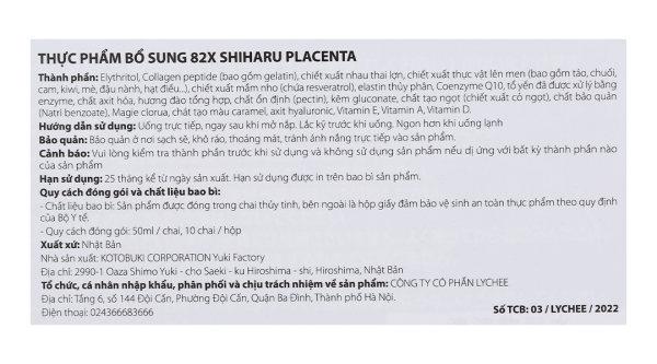 Nước uống 82X Shiharu Placenta giúp cân bằng nội tiết tố hộp 10 chai x 50ml