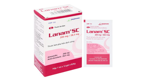 Bột pha hỗn dịch uống Lanam SC 200mg/28,5mg trị nhiễm khuẩn (12 gói x 0,8g)