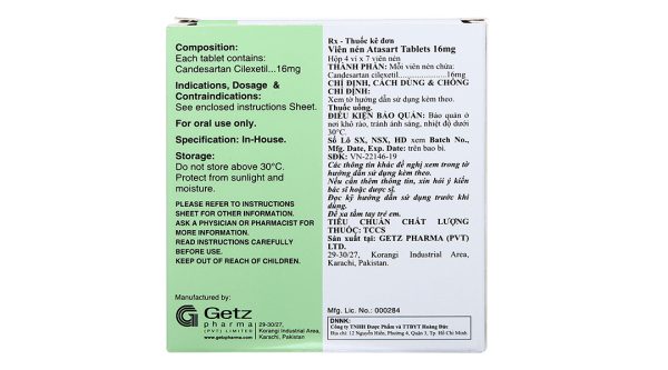Atasart Tablets 16mg trị tăng huyết áp (4 vỉ x 7 viên)