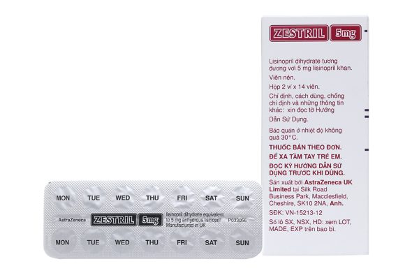 Zestril 5mg trị tăng huyết áp, suy tim (2 vỉ x 14 viên)