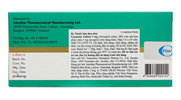 Gasmotin 5mg trị triệu chứng dạ dày - ruột (3 vỉ x 10 viên)