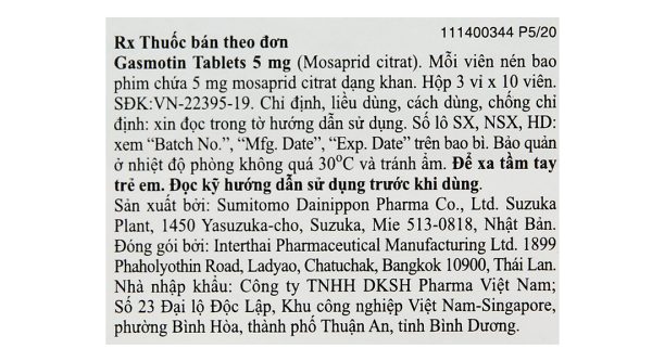 Gasmotin 5mg trị triệu chứng dạ dày - ruột (3 vỉ x 10 viên)