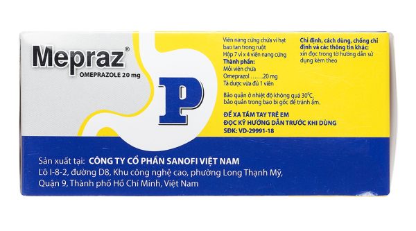 Mepraz 20mg phòng và trị loét dạ dày, tá tràng (7 vỉ x 4 viên)