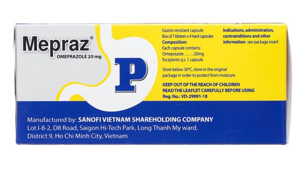 Mepraz 20mg phòng và trị loét dạ dày, tá tràng (7 vỉ x 4 viên)