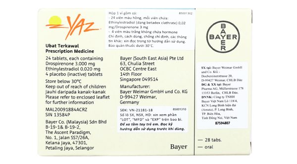 Yaz thuốc tránh thai hằng ngày, trị mụn (1 vỉ x 28 viên)