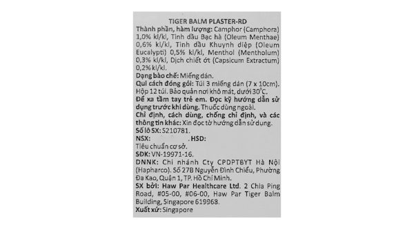 Miếng dán Tiger Balm Plaster - RD (7cm x 10cm) giảm đau cơ, bong gân gói 3 miếng