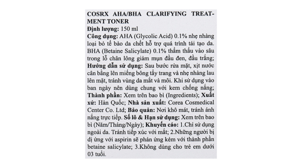 Toner Cosrx AHA/BHA Clarifying Treatment hỗ trợ tái tạo da chai 150ml