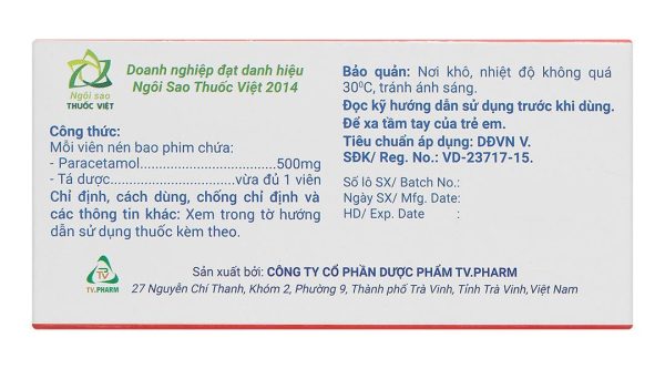 Travicol 500mg giảm đau, hạ sốt (10 vỉ x 10 viên)