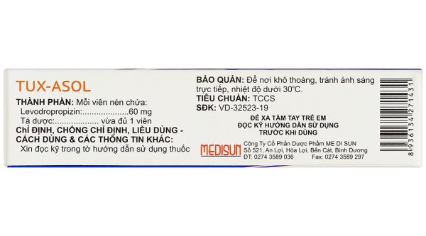 Tux-Asol 60mg điều trị các bệnh phế quản và phổi có kèm ho khan (3 vỉ x 10 viên)
