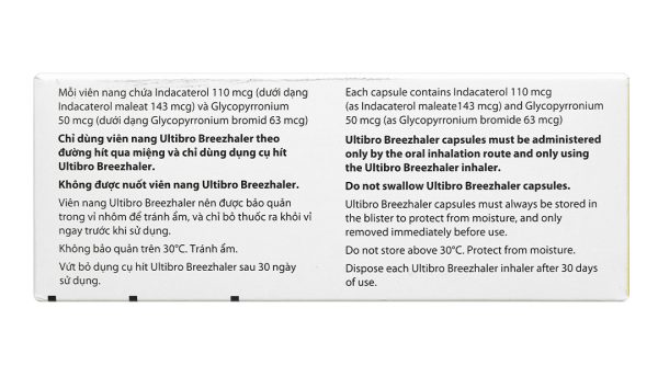 Bột hít Ultibro Breezhaler 110/50 microgram trị bệnh phổi tắc nghẽn (3 vỉ x 10 viên)