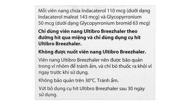 Bột hít Ultibro Breezhaler 110/50 microgram trị bệnh phổi tắc nghẽn (3 vỉ x 10 viên)