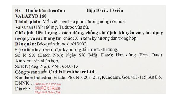 Valazyd 160 trị tăng huyết áp, suy tim (10 vỉ x 10 viên)