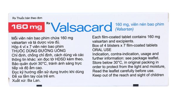 Valsacard 160mg trị tăng huyết áp, suy tim (4 vỉ x 7 viên)