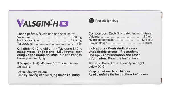 Valsgim - H 80mg/12.5mg chỉ định điều trị tăng huyết áp (2 vỉ x 14 viên)