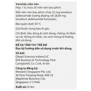 Vemlidy 25mg thuốc kháng virus, trị viêm gan B lọ 30 viên