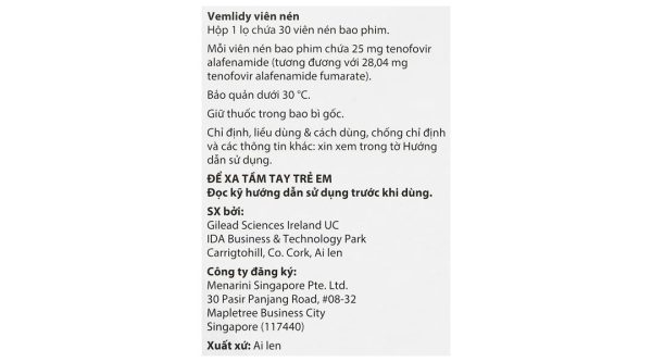 Vemlidy 25mg thuốc kháng virus, trị viêm gan B lọ 30 viên