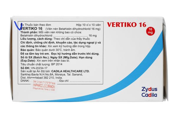 Vertiko 16 trị chóng mặt, suy giảm thính giác (10 vỉ x 10 viên)