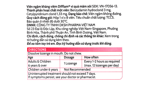 Viên ngậm kháng viêm Difflam vị quả mâm xôi giảm đau họng (1 vỉ x 8 viên)