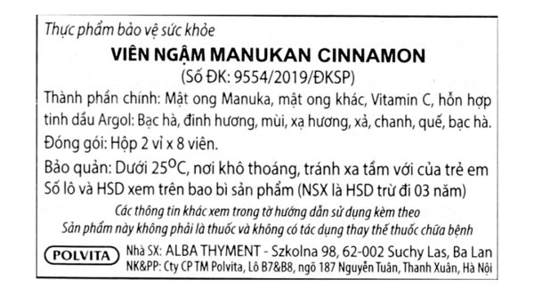 Viên ngậm Manukan Cinnamon hỗ trợ giảm ho, bổ phổi hộp 16 viên