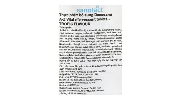 Viên sủi Demosana A-Z Vital vị trái cây hỗ trợ tăng đề kháng tuýp 15 viên