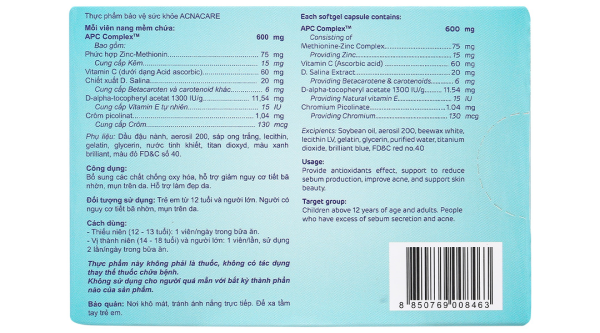 Acnacare hỗ trợ giảm mụn, viêm tuyến bã nhờn hộp 30 viên