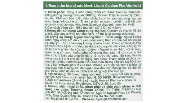 SpringLeaf Liquid Calcium Plus Vitamin D3 bổ sung canxi, vitamin D3 lọ 60 viên